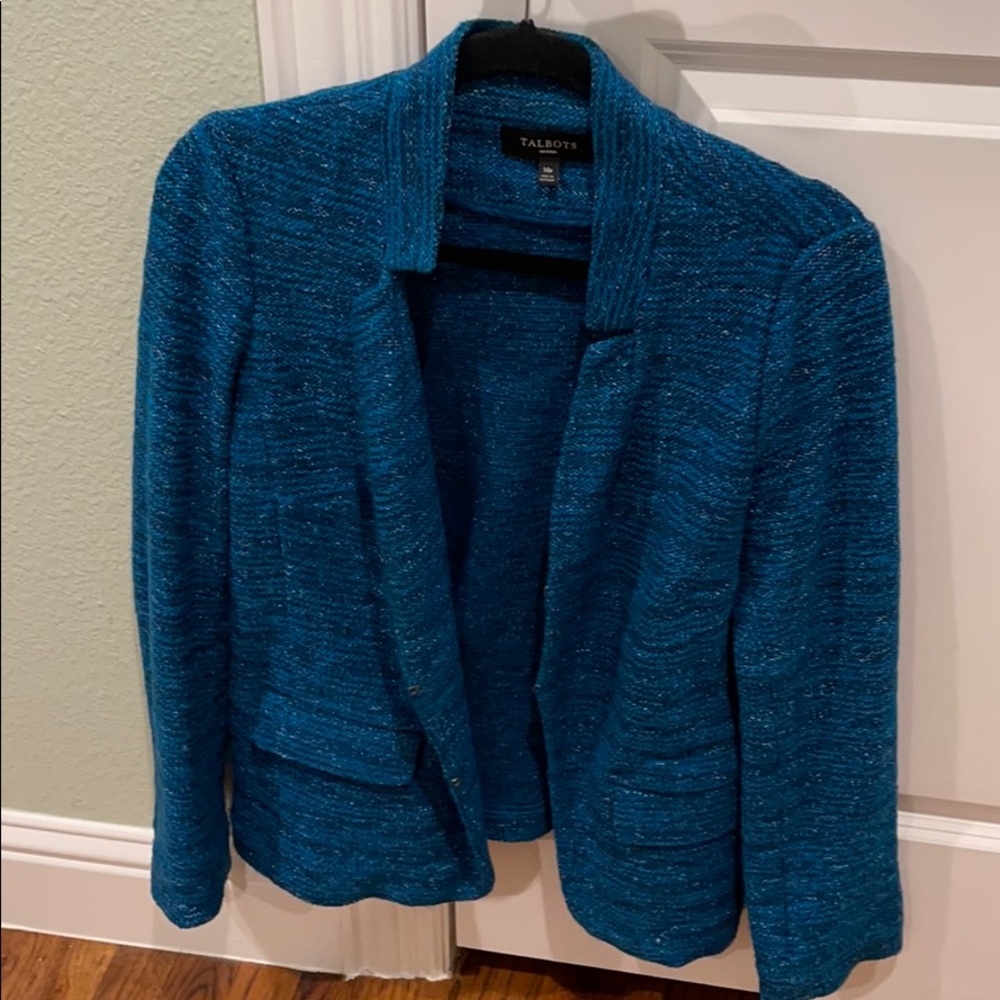 Talbots blue, white, black knit blazer.